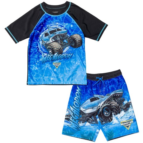 Monster Jam Megalodon Little Boys Rash Guard and Swim Trunks Outfit Set Blue 6