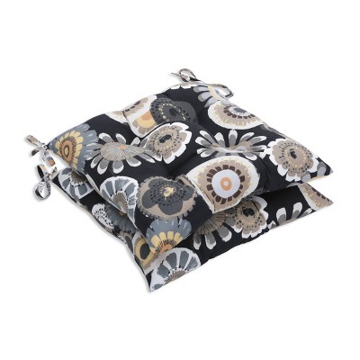 Outdoor 2-Piece Tufted Chair Cushion Set - Black/Yellow Floral - Pillow Perfect