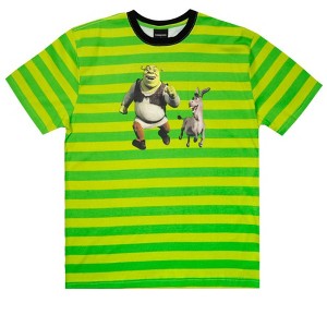 Shrek Donkey & Shrek Adult Green Striped Crew Neck Short Sleeve T-shirt - 1 of 2