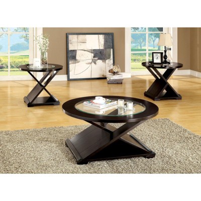 Contemporary Style Occasional Coffee Table With Unique Base Cross Design 5mm Glass Top Supported With Solid Wood Structure Espresso Finish