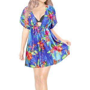 HAPPY BAY Women's Summer Mini Beach Tropical Dress Swimsuit V Neck Tops Cover Ups for Swimwear Women X-Large-XX-Large Blue Floral - 1 of 4