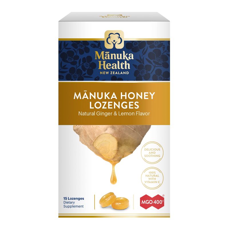 Manuka Health Manuka Honey Lozenges, Natural Ginger & Lemon, MGO 400+ with Vitamin C, 15 Lozenges, 1 of 9