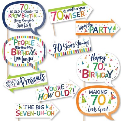 Big Dot of Happiness Funny 70th Birthday - Cheerful Happy Birthday - Colorful Seventieth Birthday Party Photo Booth Props Kit - 10 Piece
