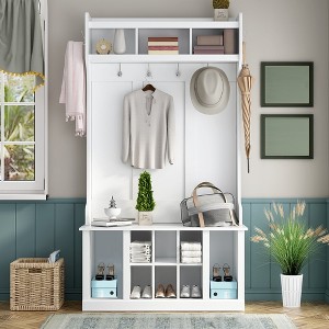 70.8" 3-in-1 Hall Tree, Coat Rack with 6 Hooks, Multifunctional Hallway Organizer, Adjustable Shelves, White - 1 of 4