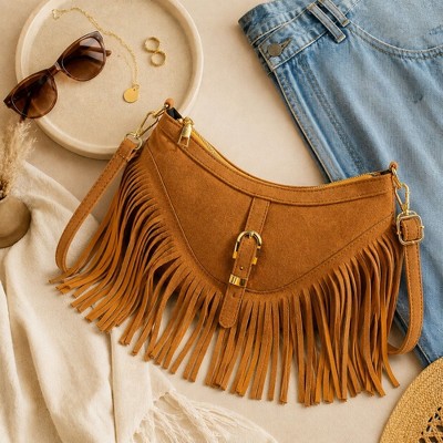 Alilang Women's Studded Fringe Crossbody Bag Suede Look Crescent Shoulder Purse with Adjustable Strap - Brown — фото 5