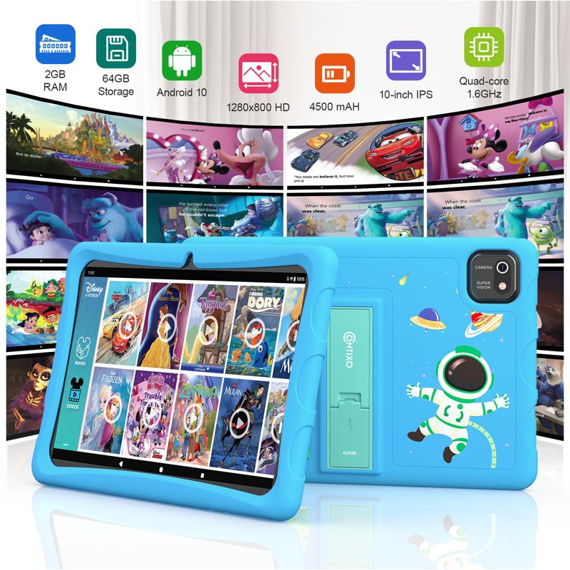 Contixo 2-pk 10" Android Kids Tablet 64GB, Includes 80+ Disney Storybooks & Stickers, Kid-Proof Case with Kickstand, (2023 Model), 3 of 9
