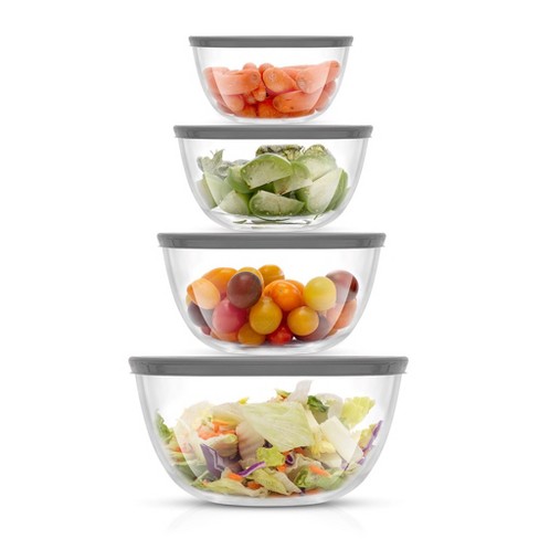 JoyJolt JoyFul 4 Kitchen Glass Food Mixing Bowls With Lids - Grey