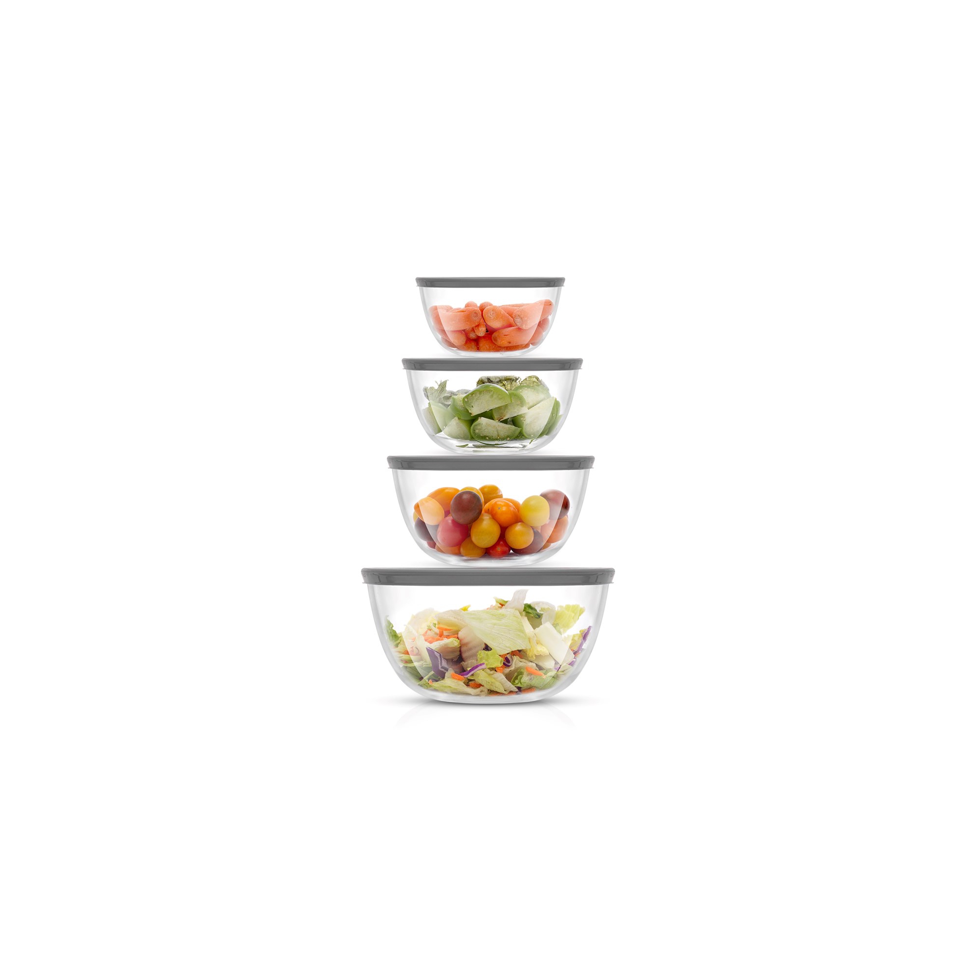 JoyJolt JoyFul 4 Kitchen Glass Food Mixing Bowls With Lids - Grey