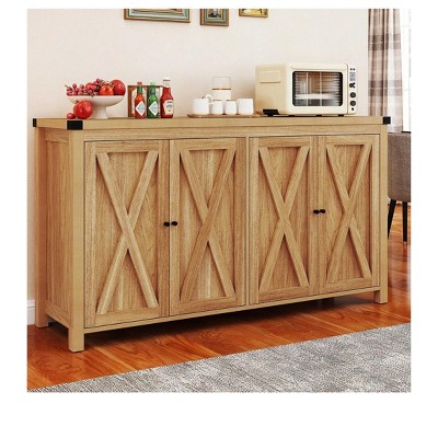 Modern Wooden Sideboard Buffet Cabinet With 4 Doors And Open Shelves Kitchen Storage Island Multi Functional Console Table For Dining Room, Brown