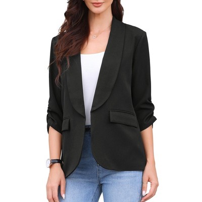 INSPIRE CHIC Women's Work Shawl Collar Ruched 3/4 Sleeves Open Front with Pockets Blazer