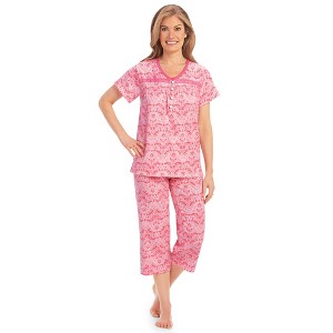 Collections Etc V-Neck Lace Trim Floral Pattern 2-Piece Capri Pajama Set - 1 of 4