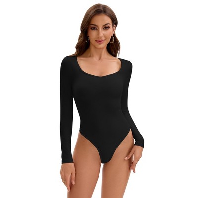 INSPIRE CHIC Women's Bodysuit Long Sleeve Slim Fit V Neck Tummy Control Brief Shapewear
