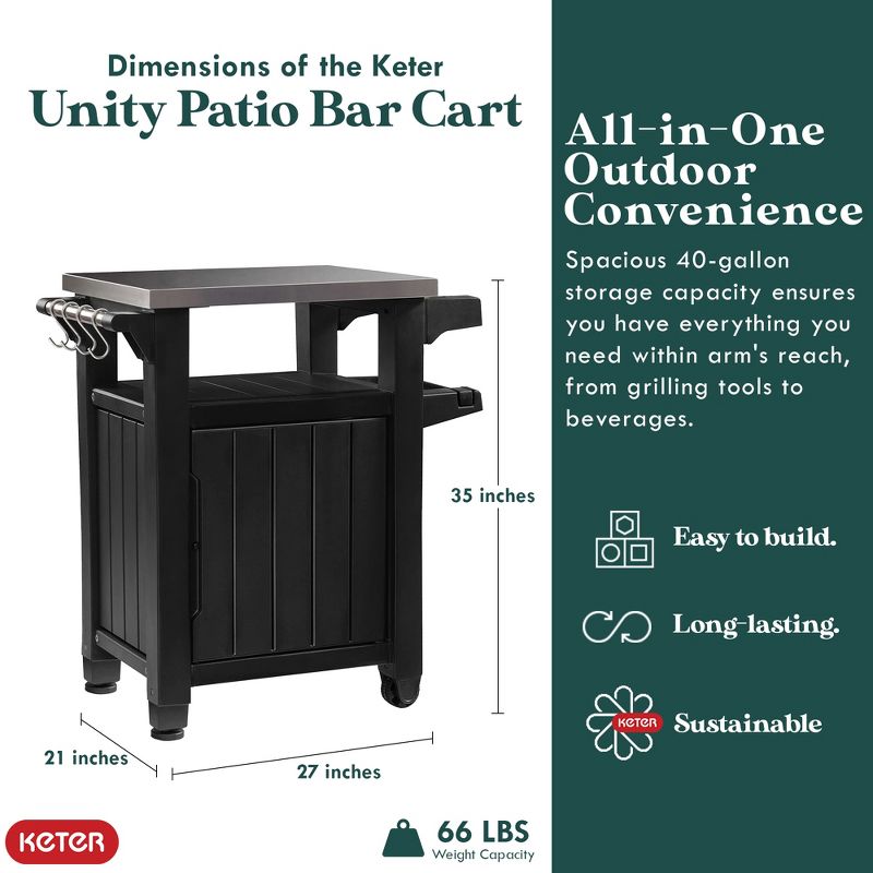 Keter Unity Portable 40 Gal Outdoor Table and Storage Cabinet w/ Accessory Hooks, Stainless Steel Top for Patio Kitchen Island or Bar Cart, 2 of 7