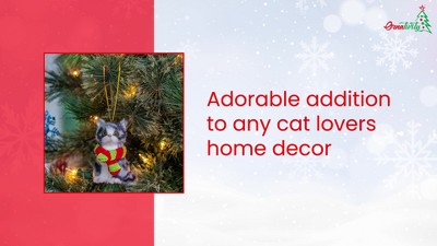 Mini Gray and White Faux Fur Cat Ornament with Scarf