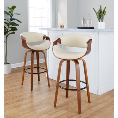 Walnut and Cream Swivel Bar Stools with Metal Footrest