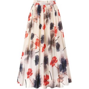 Women's Chiffon Pleated Midi Skirt - A-Line Skirt with Elastic Waist for Elegant Style A Beige Flower - 1 of 4
