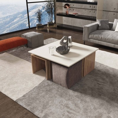 Haley Natural and Beige Nested Coffee Table with Ottoman Set