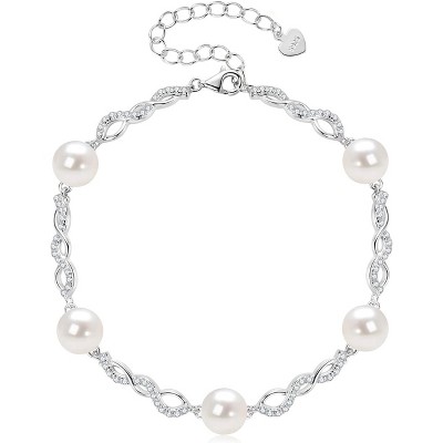 Sterling Silver Freshwater Pearl Bracelet, Handmade Infinity Design with Cultured White Pearls