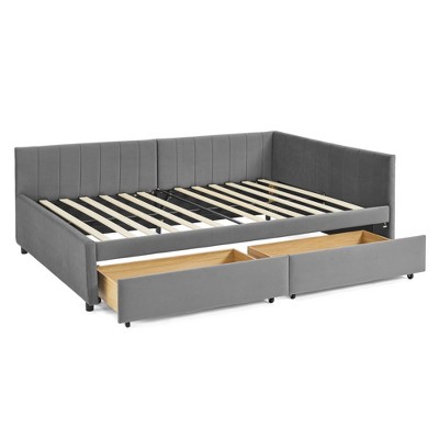 Tiramisubest Full Size Bed Frame Tufted Daybed Velvet Upholstered Frame Storage Drawers Living Room Bedroom Eucalyptus Wood Frame