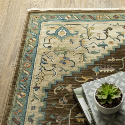 Ivory and Brown Synthetic Bohemian Area Rug with Trim Embellishment