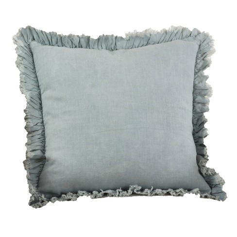 Blue Grey Frayed Ruffled Linen Down Filled Throw Pillow