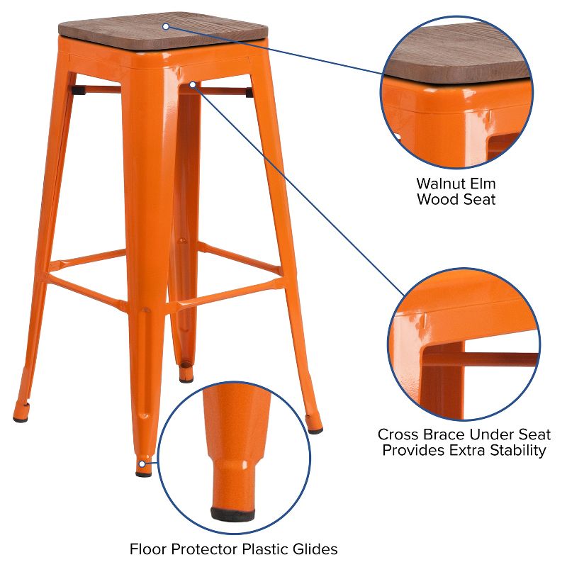 Flash Furniture 30" High Backless Metal Barstool with Square Wood Seat, 5 of 13