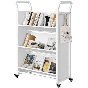 Book Cart with Wheels, Sturdy Mobile Shelving Organizer, V-Shaped Rolling Library Cart with Locking Wheels for Office, School and Home - 1 of 4