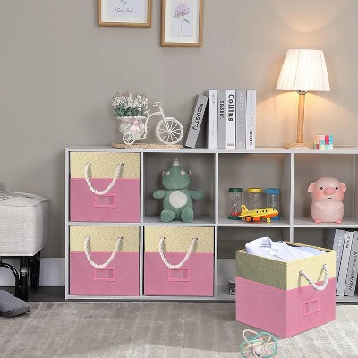 FURNIinspire 4pcs Non-Woven Cotton Rope Utility Storage Bins Drawer Organizer Basket Storage Cubes Bedroom Dorm Organizer, Pink, 3.12"*11.7"*11.7"