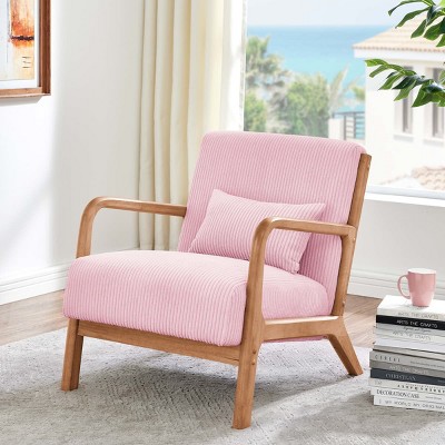 Natural Wooden Lounge Chair with Ribbed Corduroy Upholstery and Cushion for Living Room, Bedroom or Reading Corner-The Pop Home