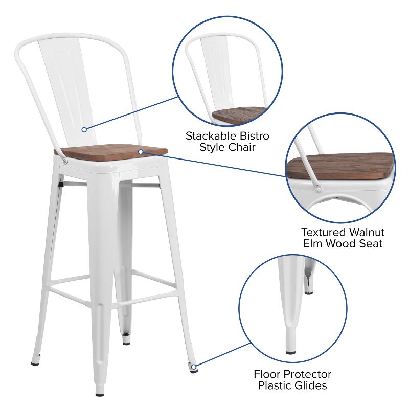 Emma and Oliver 30"H Metal Dining Barstool with Back and Square Wood Seat, 3 of 11