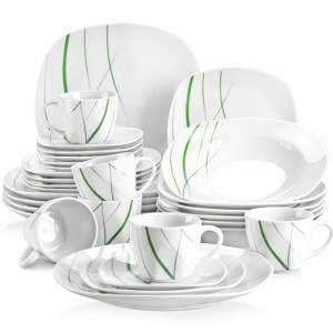 vancasso 30 Pieces Porcelain Dinnerware Set, White With Green Set , Ceramic Decal Leaves, Dinner/Dessert/Soup Plate, Cup And Saucer For 6 Person - 1 of 4