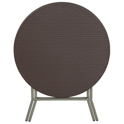 Petite Round Gray Metal Folding Table with Brown Plastic Top