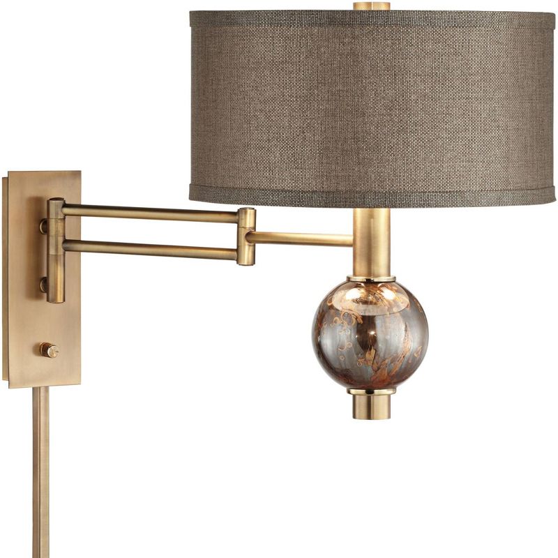 360 Lighting Modern Swing Arm Wall Lamp Painted Polished Brass Plug-In Light Fixture Dark Taupe Drum Shade for Bedroom Living Room, 5 of 10