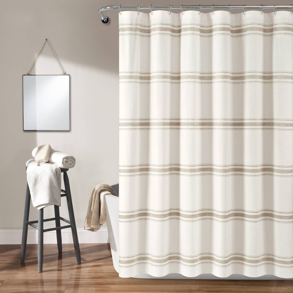 Farmhouse Striped Shower Curtain Beige - Lush Décor: 100% Cotton, Machine Washable, Buttonhole Top