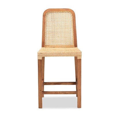 Caspia Mid-Century Walnut Brown Wood & Natural Rattan Counter Stool