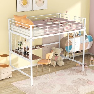 ALEXOUN Metal Loft Bed Frame, Loft Bed with L-Shape Desk and Metal Grid, Space Saving Loft Bed with Desk Underneath for Kids,Teens - 1 of 4