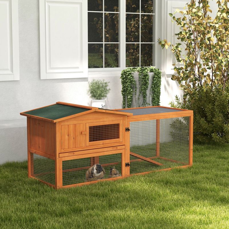 PawHut Rabbit Hutch 2-Story Bunny Cage Small Animal House with Slide Out Tray, Detachable Run, for Indoor Outdoor, Orange, 3 of 8