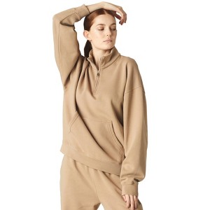 Future Planet Womens Saturn Premium 1/4 Zip Fleece Lined Soft Cotton Pullover Sweatshirt Loose Fit Beige - 1 of 4