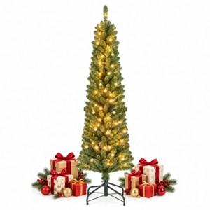 5 FT Pre-Lit Slim Pencil Christmas Tree with Warm LED Lights and Memory ...