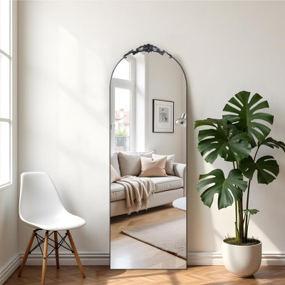64.35x23.4 Inch Vintage Carved Wooden Right Angle Arched Black Full-Length Mirror (With Bracket)