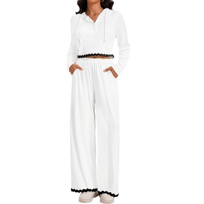 ATHLECHIC Women's Casual Lounge Cropped Half Button Hoodie Top Wide Leg Pants Ribbed Knit Tracksuit Two Piece Sets