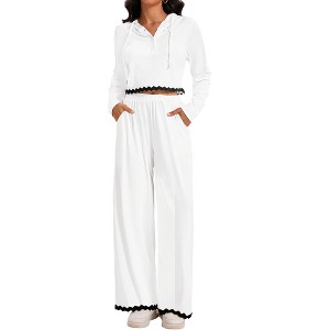 ATHLECHIC Women's Casual Lounge Cropped Half Button Hoodie Top Wide Leg Pants Ribbed Knit Tracksuit Two Piece Sets - 1 of 4
