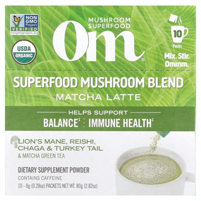 Om Mushrooms Superfood Mushroom Blend, Matcha Latte, 10 Packets, 0.28 oz (8 g) Each