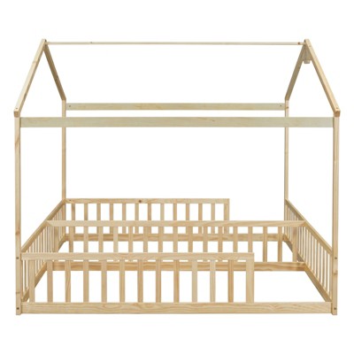Fontoi Beds, Double Twin Floor Bed with Fence, Wood Bed with Guardrails for Girls and Boys, Brown, 78.2"*70.5"*83.9"