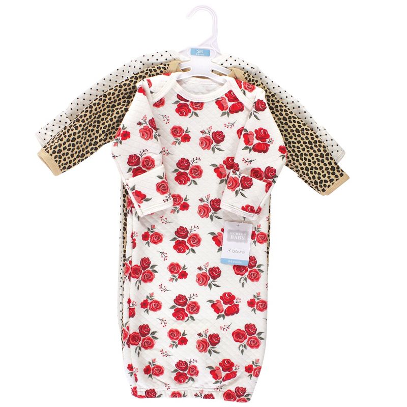 Hudson Baby Infant Girl Quilted Cotton Long-Sleeve Gowns 3pk, Rose Leopard, 0-6 Months, 3 of 4