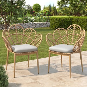 Set of 2 Rattan Patio Chairs with Cushions,Outdoor Wicker Arm Chairs with Teak Legs,Garden Lounge Chair for UV Resistant Seating-Koiai - 1 of 4