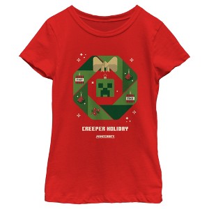 Girl's Minecraft Creeper Holiday Wreath T-Shirt - 1 of 4