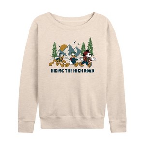 Women's - Disney - Mickey Donald Pluto Hiking The High Road Lightweight French Terry Wide Neck Long Sleeve Shirt - 1 of 4