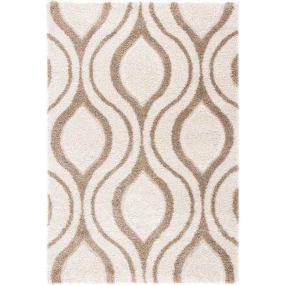 Ivory and Beige Geometric Hand-Knotted Shag Rug