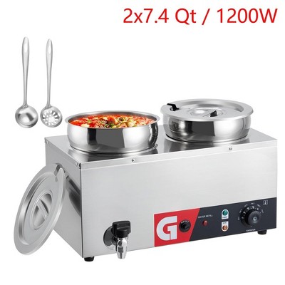 Commercial Soup Warmer 2x7.4 Quart Double Well Bain Marie 1200W With Adjustable Temp & Faucet